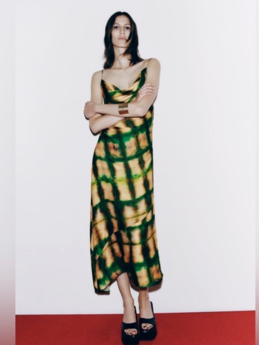 Zara Green and Yellow Tie-Dye Satin Slip Maxi Dress